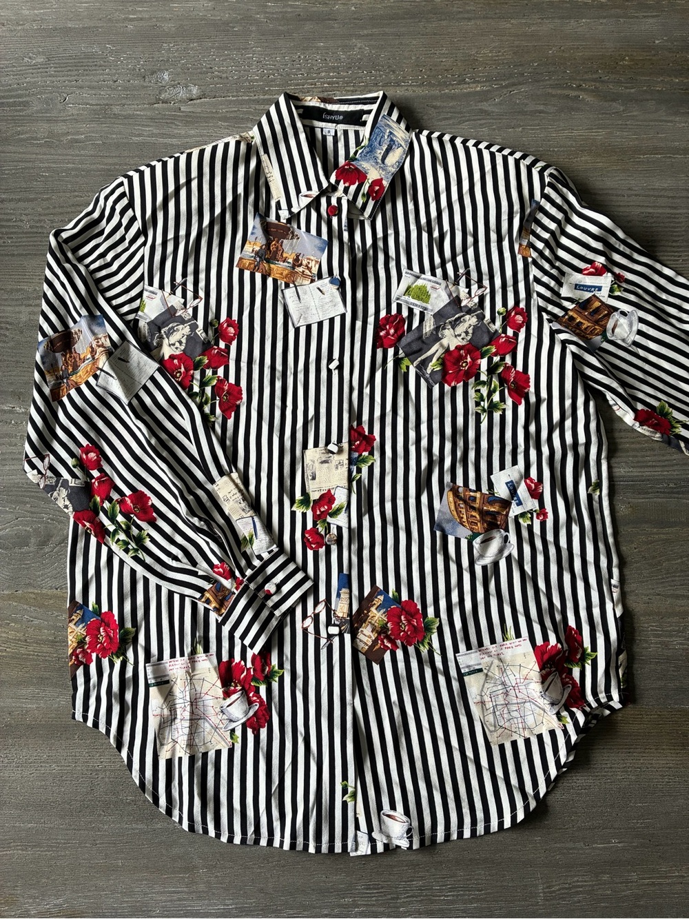 VTG 100% SILK blouse black and white stripes travel images rose print Y2K